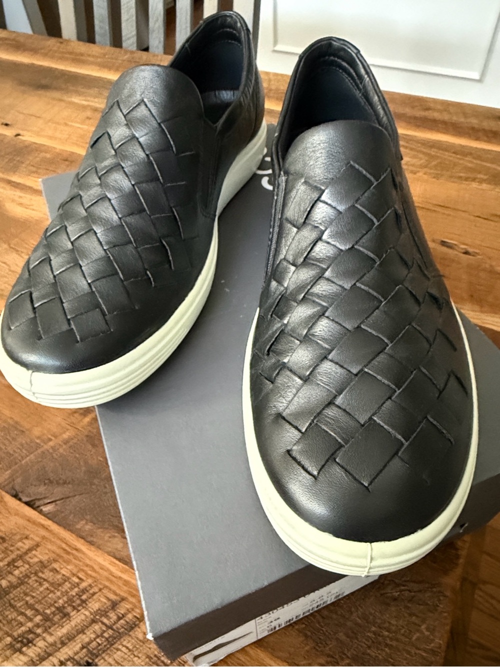 Ecco Soft 7–Black Woven Leather Slip-On Sneakers with White Sole